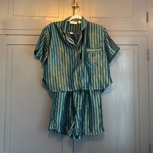 Jewel toned teal/gold striped shorty pjs.  Victoria’s Secret size P